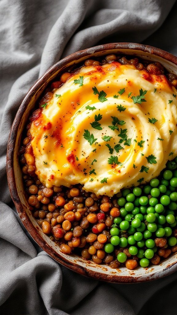 A hearty lentil shepherd's pie with mashed potatoes and green peas, on a gray backdrop.