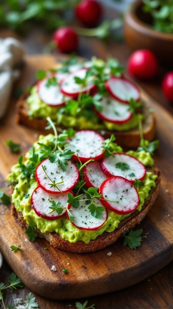 Toasted sourdough topped with creamy avocado, sliced radishes, and fresh herbs on a wooden board.