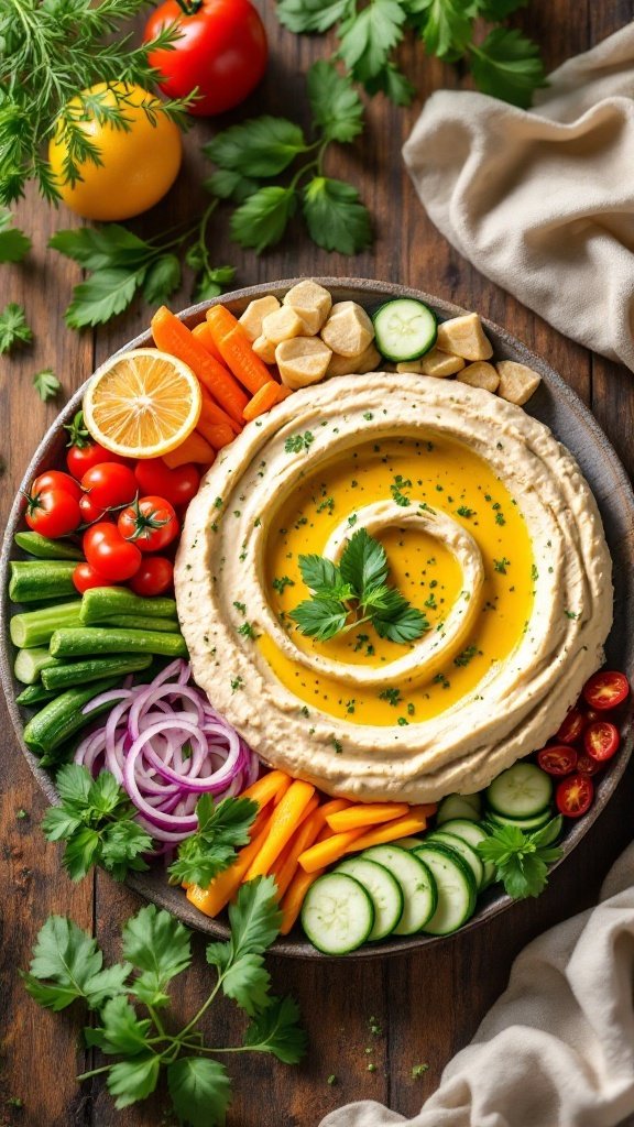 A colorful hummus and veggie platter featuring hummus, cucumbers, carrots, cherry tomatoes, and a sprinkle of parsley.