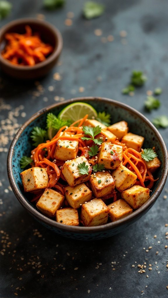 A vibrant Korean BBQ Tofu Bowl with grilled tofu, carrots, cilantro, and a lime wedge, garnished with sesame seeds.