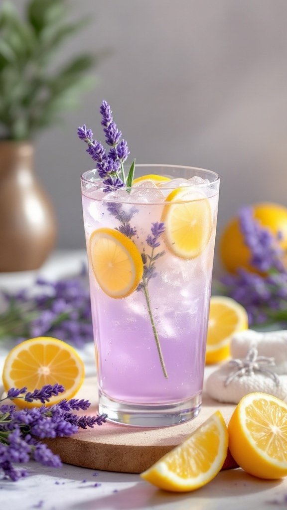 A refreshing glass of Lavender Lemonade Elixir with lemon slices and lavender sprigs, surrounded by fresh lemons and lavender flowers.