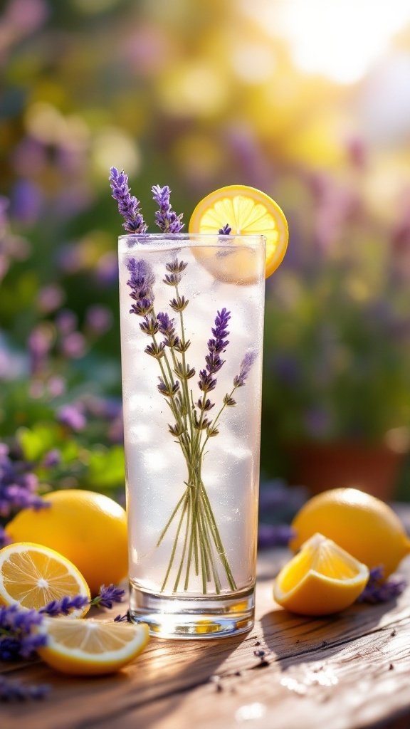A refreshing glass of lavender lemonade spritzer garnished with lemon and lavender, surrounded by fresh lemons.