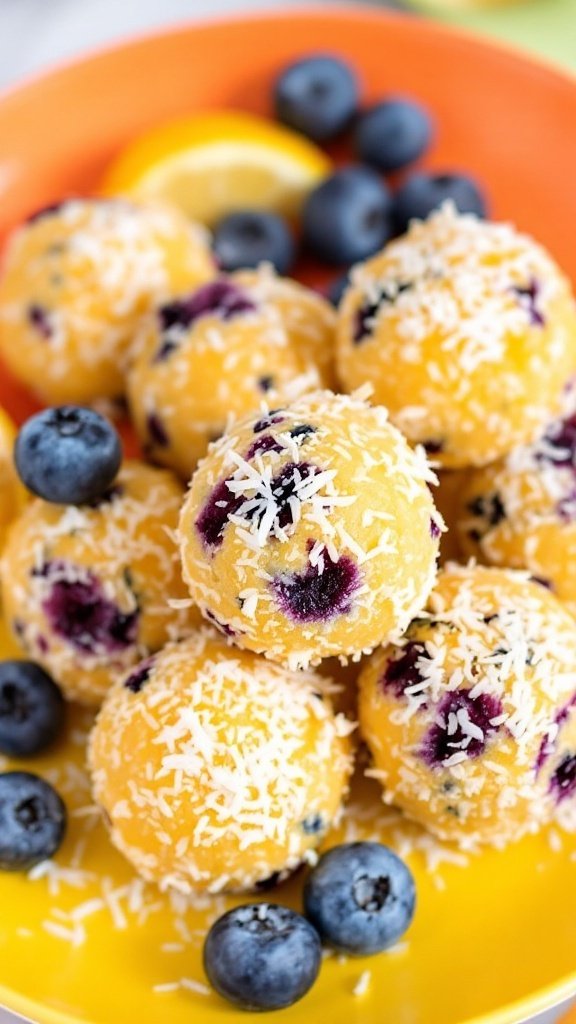 A colorful plate of Lemon Blueberry Bliss Balls surrounded by fresh blueberries and a lemon slice.