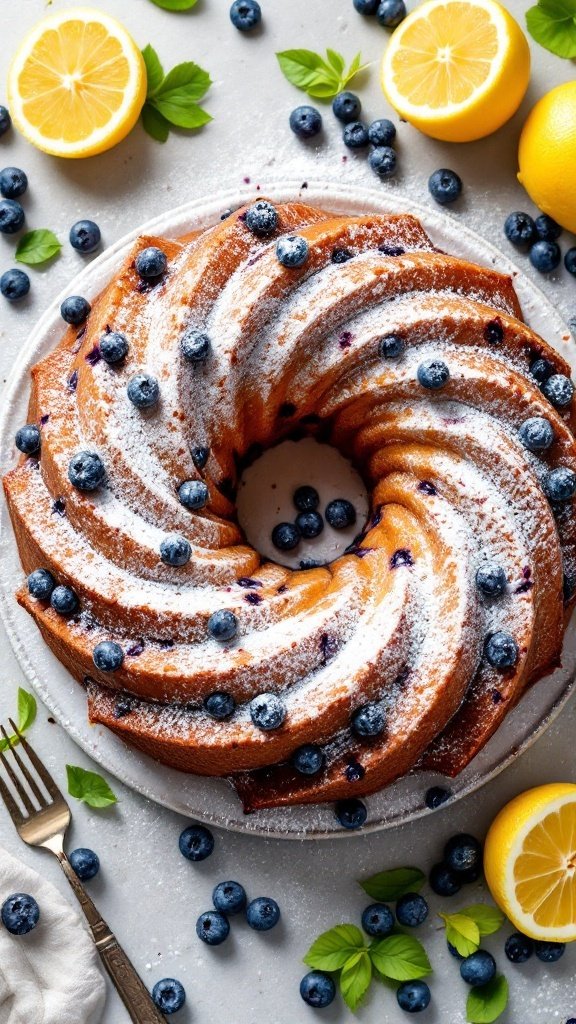 A beautifully baked Lemon Blueberry Bundt Cake topped with powdered sugar and fresh blueberries, surrounded by lemon slices.
