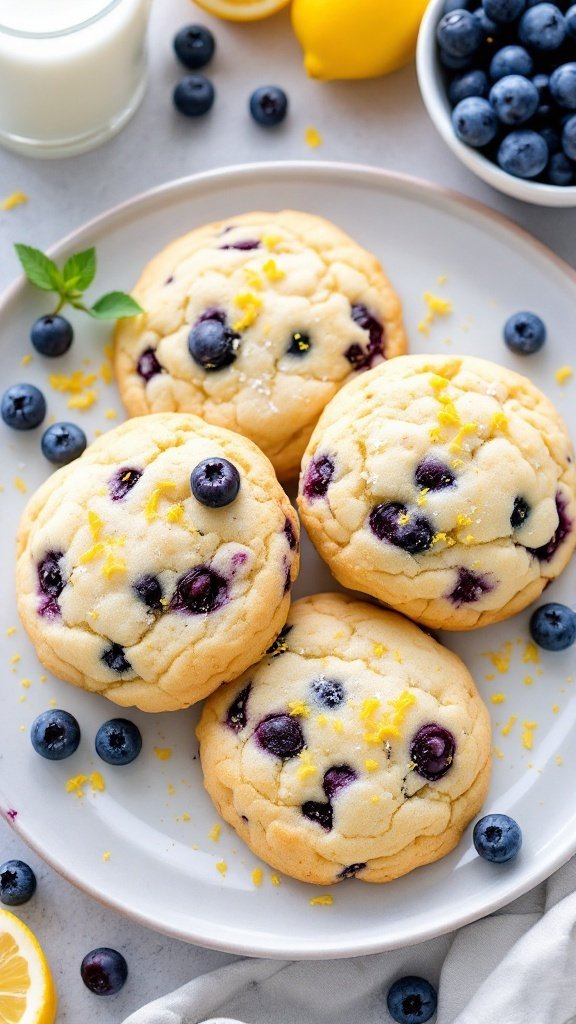 Plate of lemon blueberry cookies topped with fresh blueberries and lemon zest