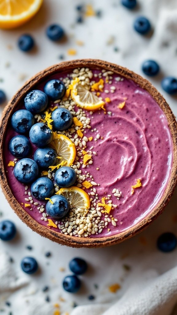 A colorful Lemon Blueberry Smoothie Bowl topped with blueberries, lemon slices, and seeds, set on a light background.