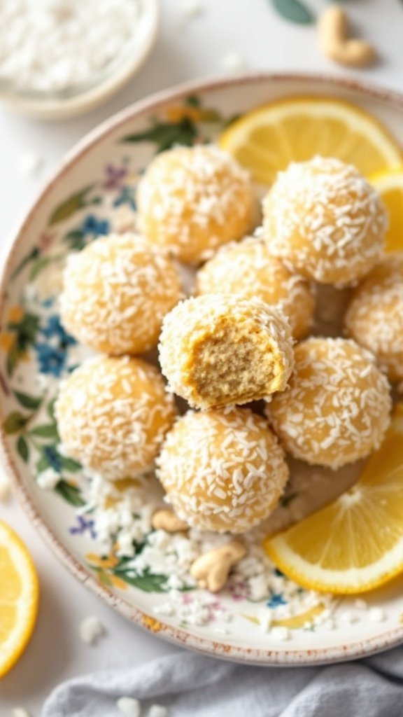 A plate of lemon cashew bliss balls, some with a bite taken out, surrounded by lemon slices and coconut flakes.