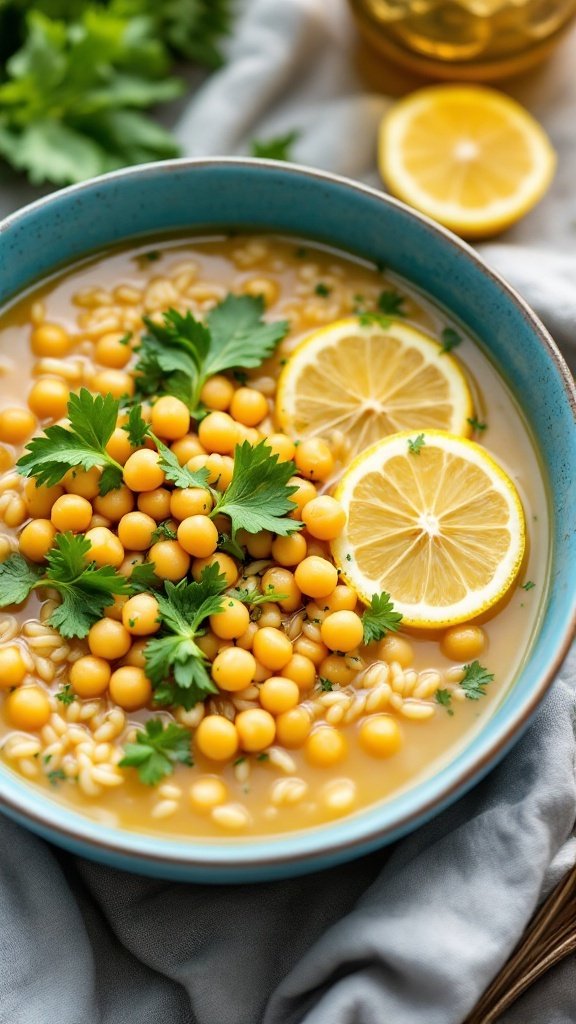 Bowl of Lemon Chickpea Orzo Soup with lemon and parsley on a wooden surface