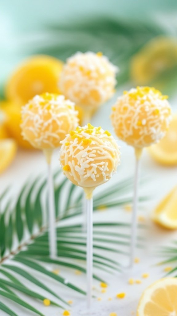Four lemon coconut bliss vegan cake pops surrounded by lemon slices and greenery.