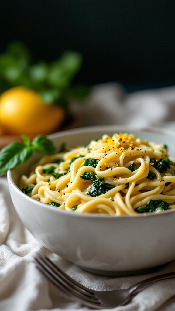 A bowl of fettuccine tossed with spinach, lemon, and garlic, garnished with a sprinkle of black pepper.