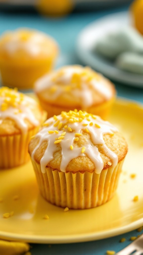 Lemon poppy seed muffins with icing and yellow sprinkles on a yellow plate.