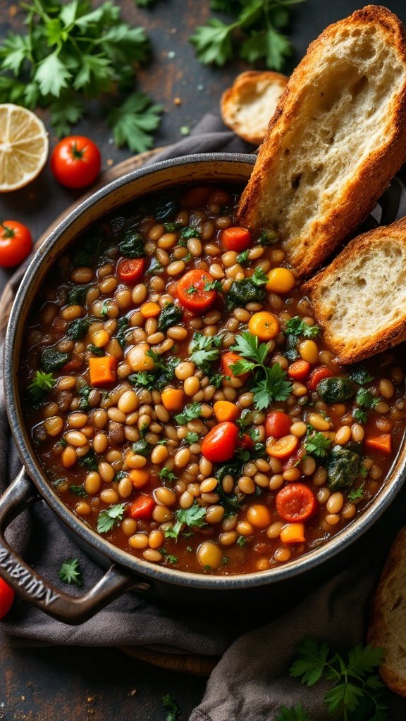 A hearty bowl of lentil and vegetable stew with colorful veggies and fresh herbs, accompanied by slices of crusty bread.