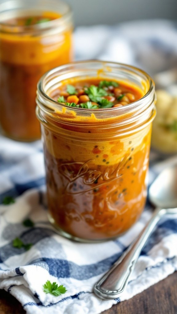 A vibrant jar of layered lentil soup with vegetables, set against a checkered tablecloth