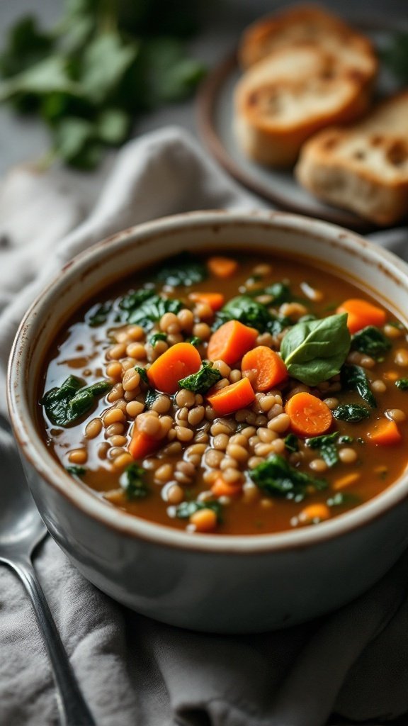 A hearty bowl of lentil soup with spinach and carrots, accompanied by slices of bread.