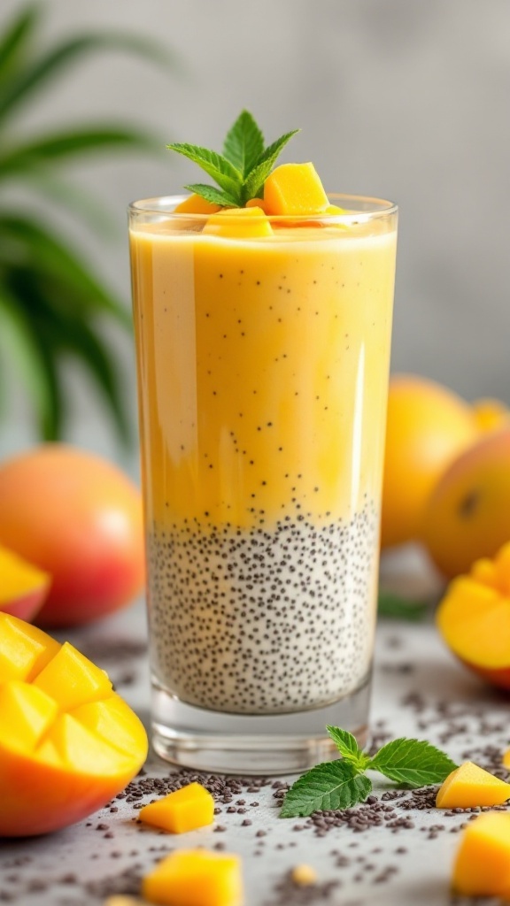 A vibrant Mango Chia Pudding Shake topped with mango chunks and mint, surrounded by fresh mango slices.