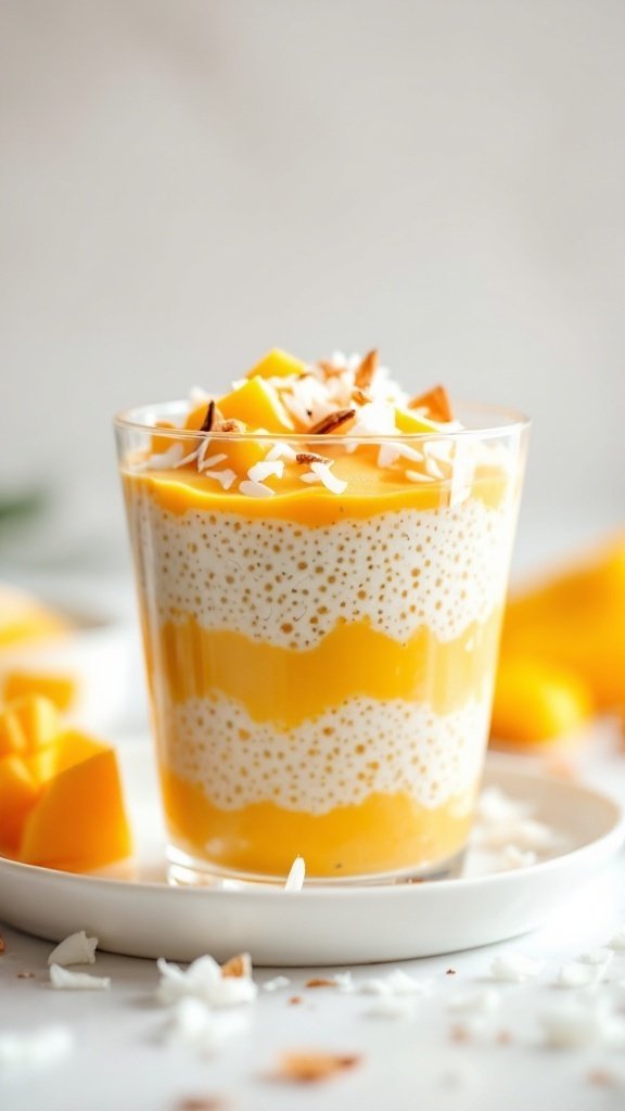A vibrant mango coconut chia pudding layered in a glass, topped with mango chunks and shredded coconut.