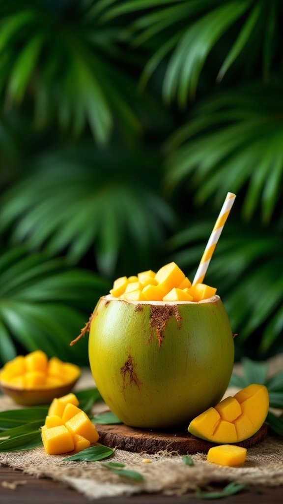 A refreshing mango coconut drink served in a coconut shell, garnished with mango chunks.