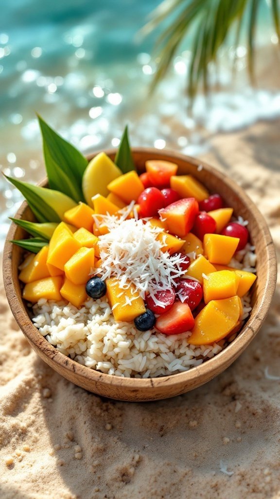 A colorful Mango Coconut Rice Bowl with mango, cherries, coconut flakes, and rice.