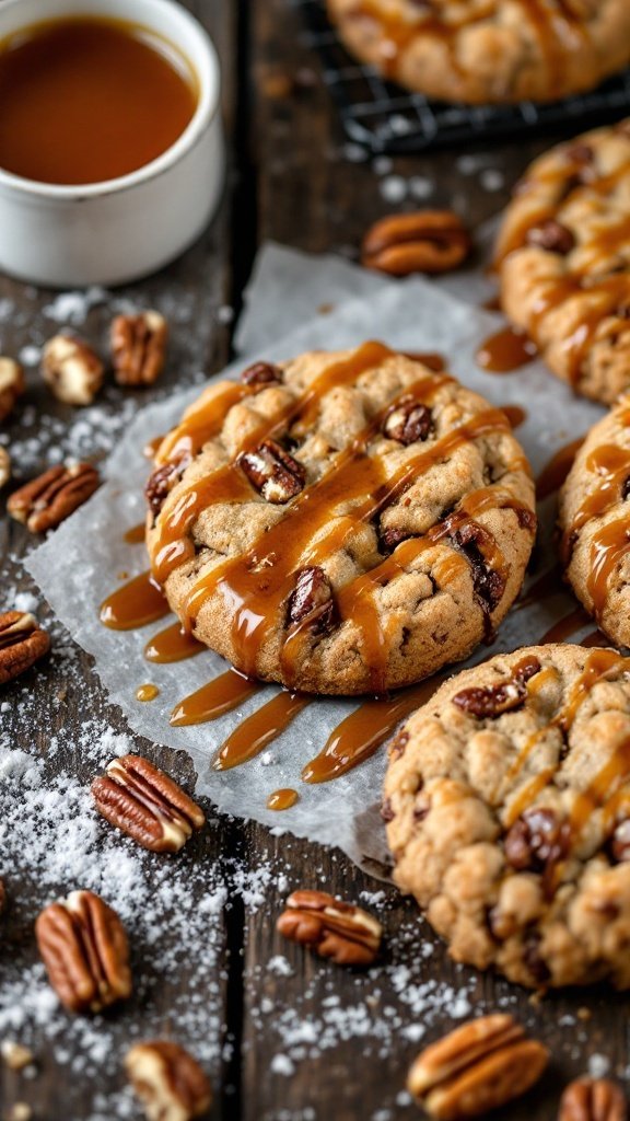 Delicious maple pecan cookies drizzled with maple syrup, surrounded by pecans and a cup of syrup.