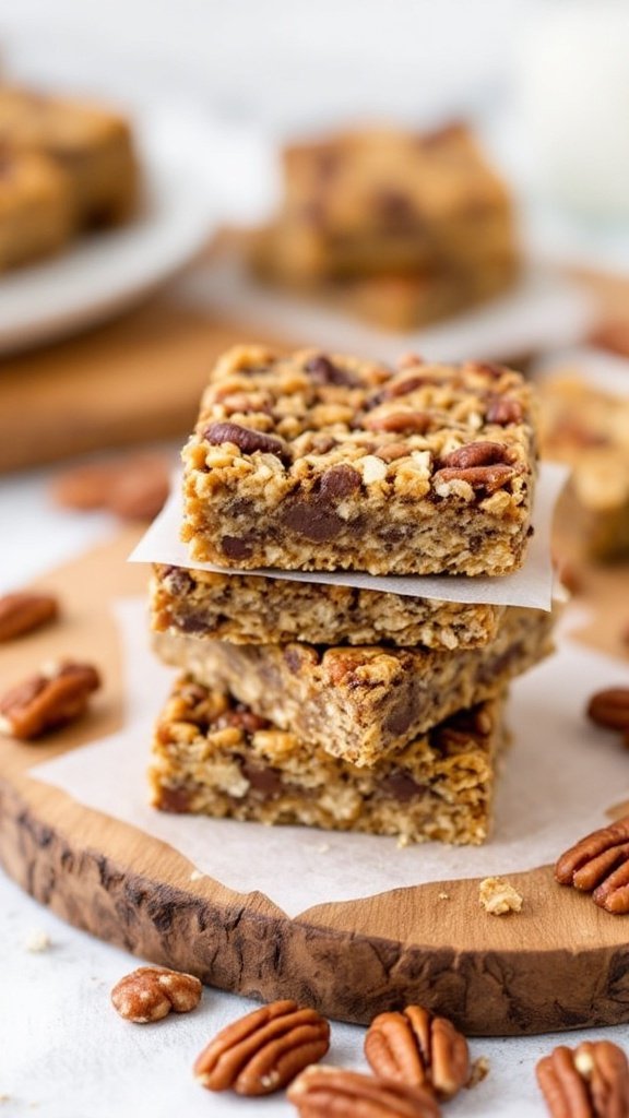 Delicious Maple Pecan Granola Bars stacked on a wooden board with pecans scattered around.