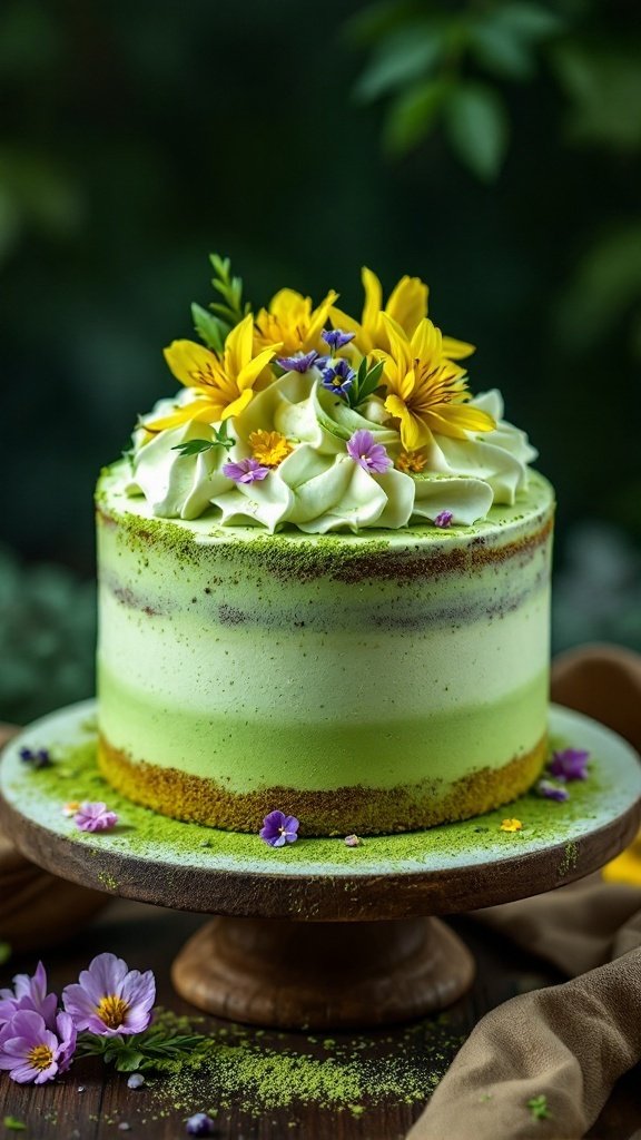 A beautifully decorated matcha green tea cake topped with colorful flowers.