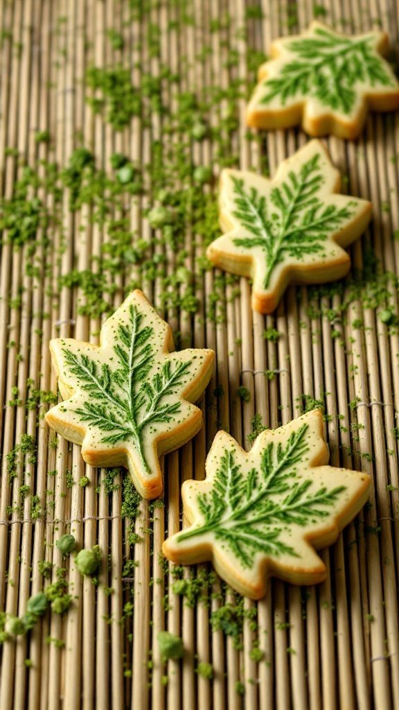 Leaf-shaped matcha green tea cookies on a bamboo mat with scattered matcha powder