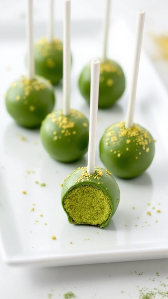 Plate of cute green matcha cake pops with golden sprinkles and wooden sticks.