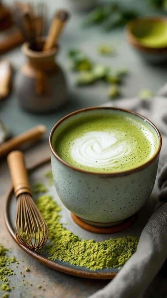 A cup of matcha green tea with a frothy top, surrounded by matcha powder and whisk.