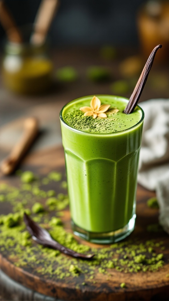 A refreshing Matcha Vanilla Shake garnished with a flower and vanilla pod.
