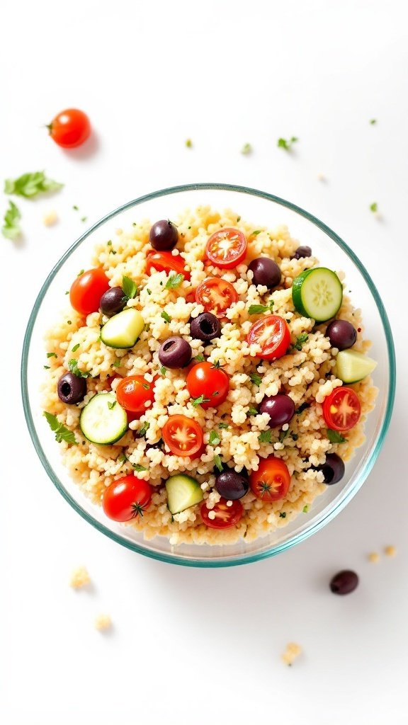 A vibrant bowl of Mediterranean Couscous Salad with cherry tomatoes, cucumbers, olives, and fresh herbs.