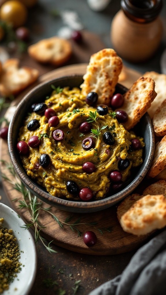 A bowl of Mediterranean Olive Tapenade with olives and bread on the side