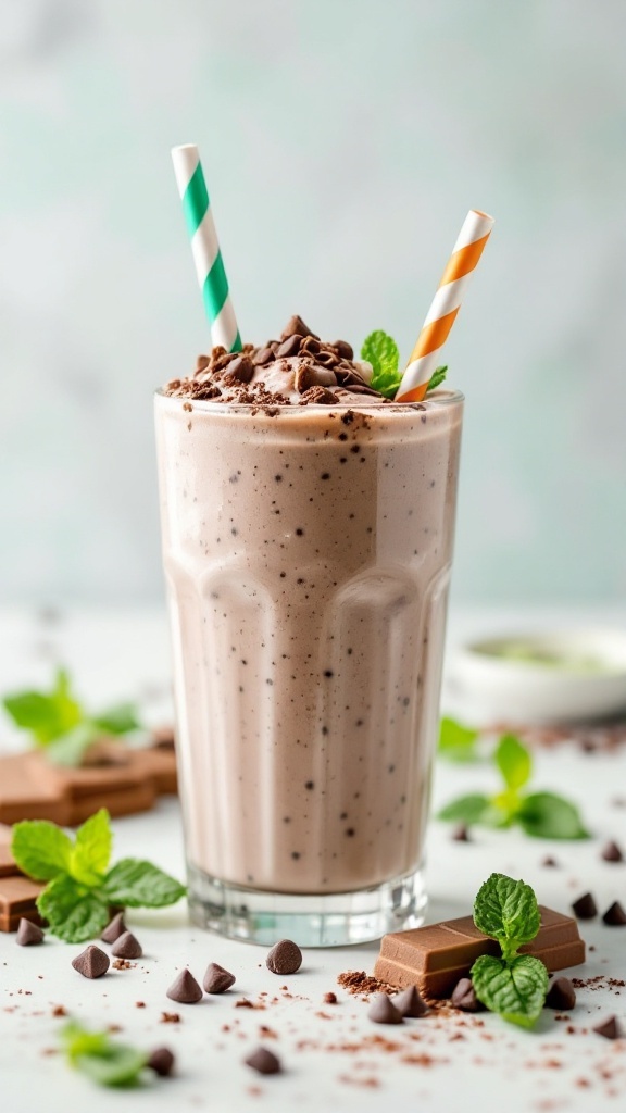 Mint Chocolate Chip Fantasy smoothie topped with chocolate chips and mint leaves
