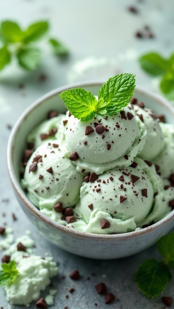 A bowl of mint chocolate chip nice cream with mint leaves and chocolate chips.