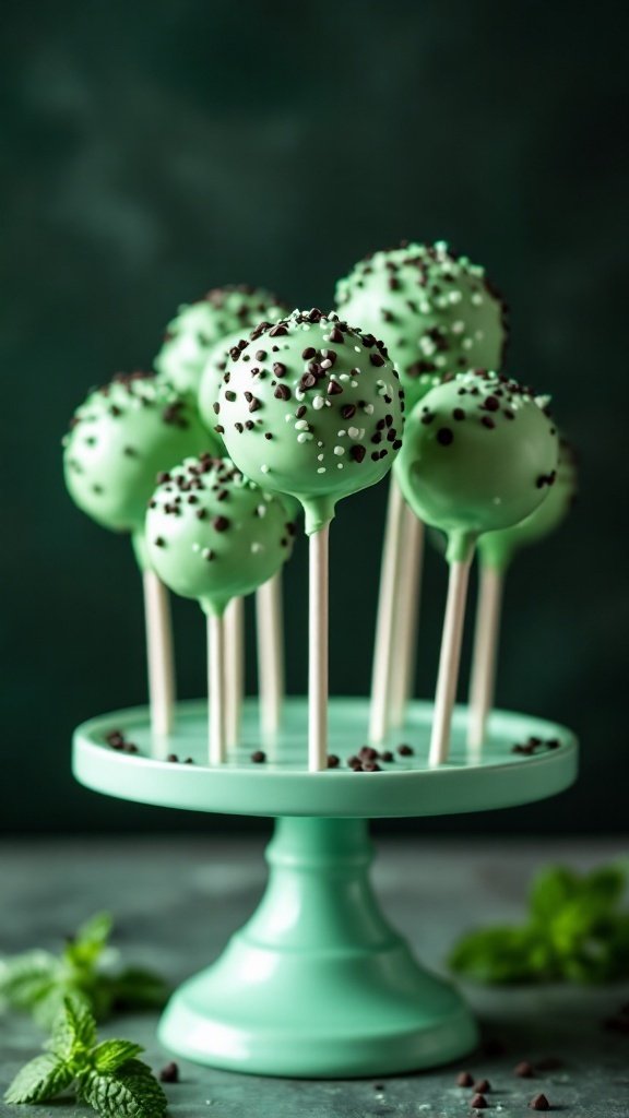 Cute mint chocolate chip cake pops on a mint green stand with chocolate sprinkles.