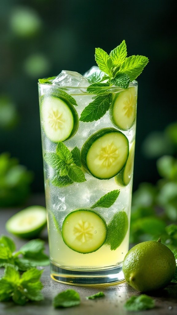 A refreshing glass of minted cucumber lemonade with fresh mint leaves and cucumber slices.