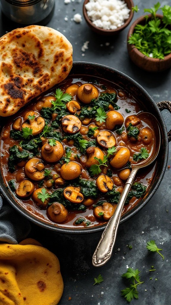 A delicious bowl of Mushroom and Spinach Curry with naan and fresh herbs