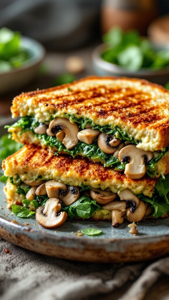 A delicious mushroom and spinach pesto panini, grilled to golden perfection.
