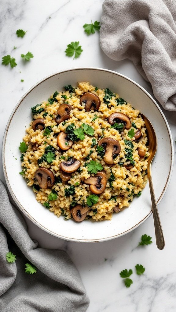 Bowl of Mushroom and Spinach Quinoa Risotto with fresh greens and a golden spoon