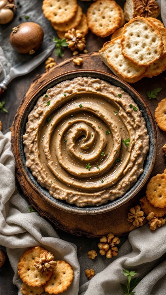 A bowl of mushroom and walnut pâté swirled beautifully, surrounded by crackers and walnuts.