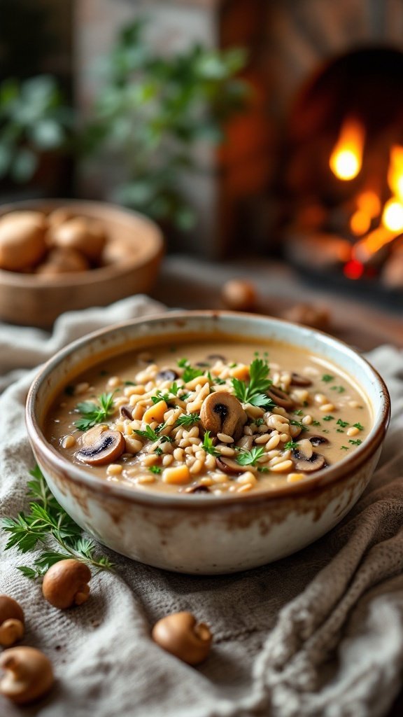 A cozy bowl of mushroom and wild rice soup with herbs, sitting by a warm fire.