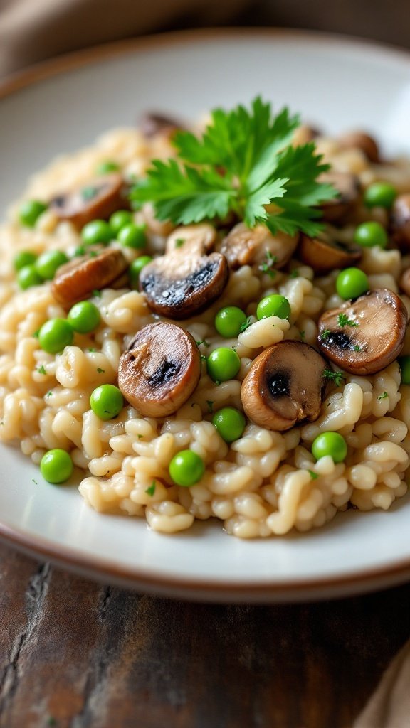 A beautifully plated mushroom risotto with peas, surrounded by vibrant carrots and a bowl of green peas, with fresh parsley garnishing the dish.