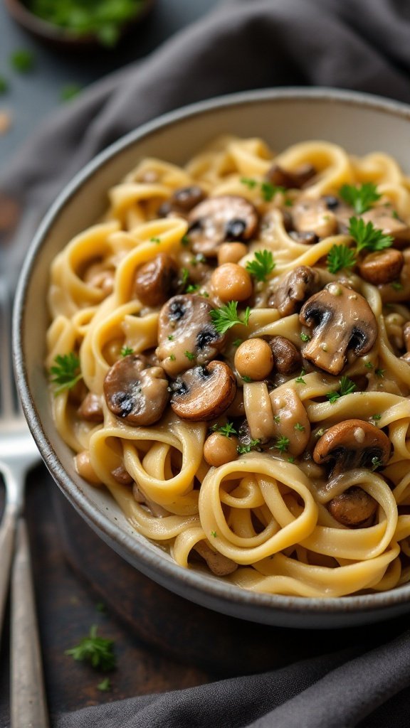 A bowl of mushroom stroganoff with cashew cream served with fettuccine and garnished with parsley