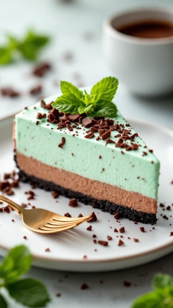 A slice of no-bake chocolate mint cheesecake with a chocolate crust, topped with mint leaves and chocolate shavings, served on a plate with a golden fork.