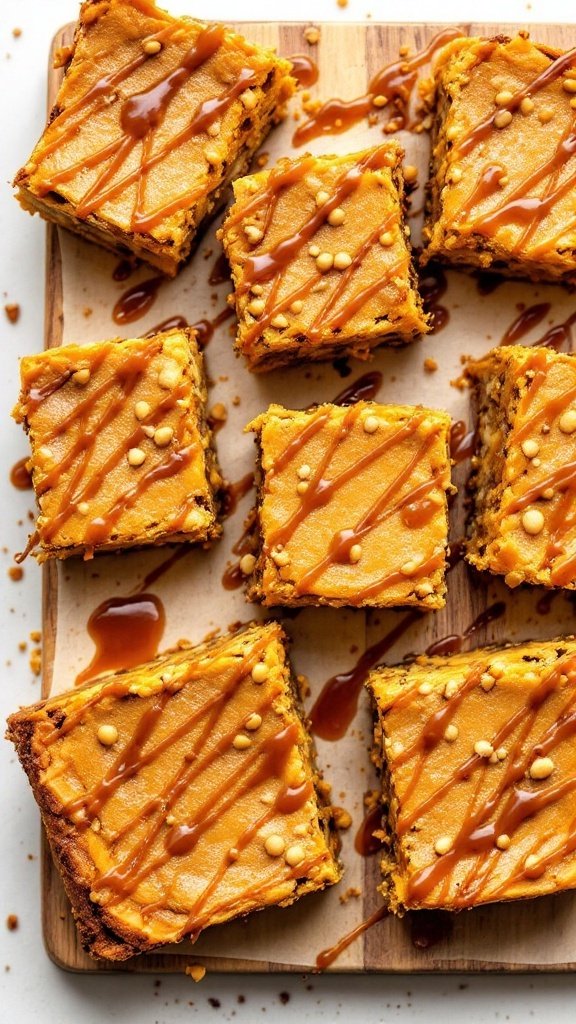 Delicious no-bake pumpkin pie bars drizzled with caramel and sprinkled with nuts.