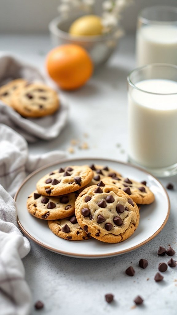 A plate of nut-free chocolate chip cookies next to glasses of milk and fresh fruits.