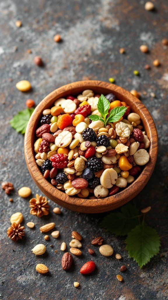 A wooden bowl filled with a colorful mix of nuts, seeds, and dried fruits, some scattered on a rustic surface.