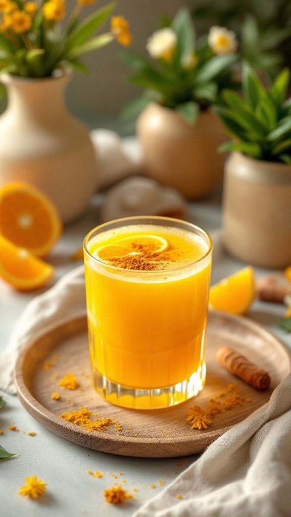 A refreshing orange turmeric wellness drink served in a glass, surrounded by oranges and turmeric, with decorative plants in the background.
