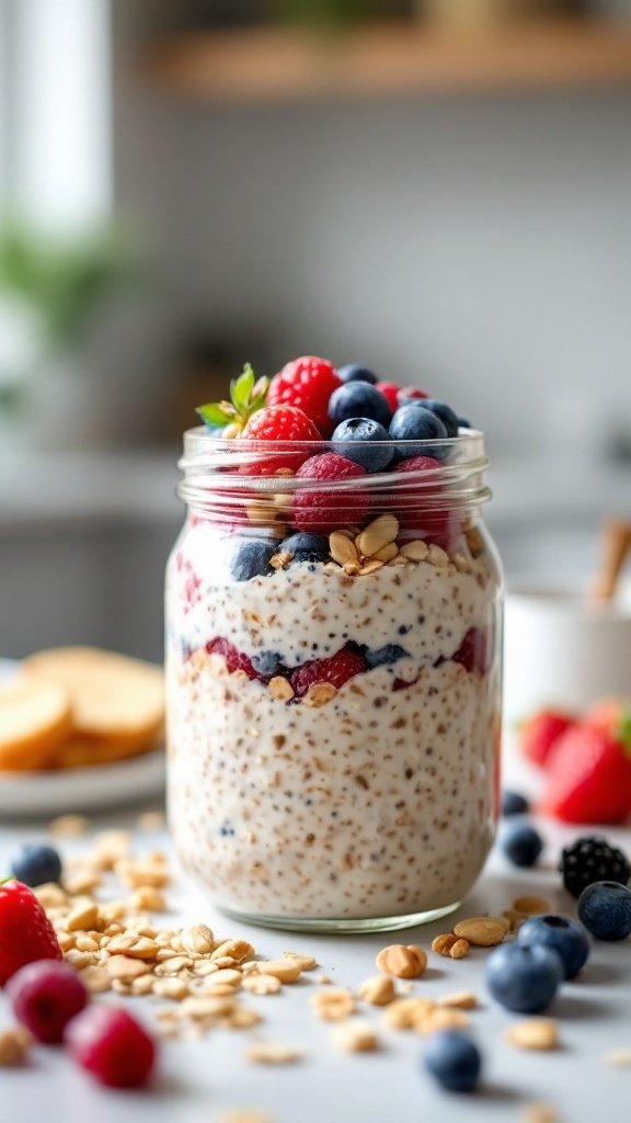 A jar of overnight oats layered with berries and topped with nuts, surrounded by more berries and oats.