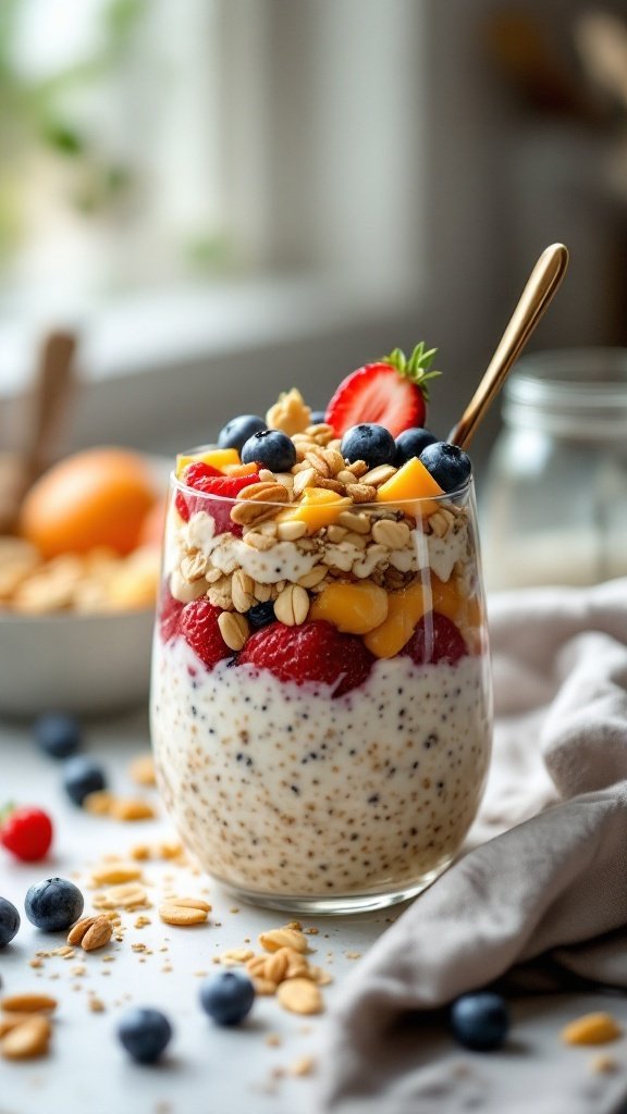 A glass of overnight oats layered with fresh fruits and granola.
