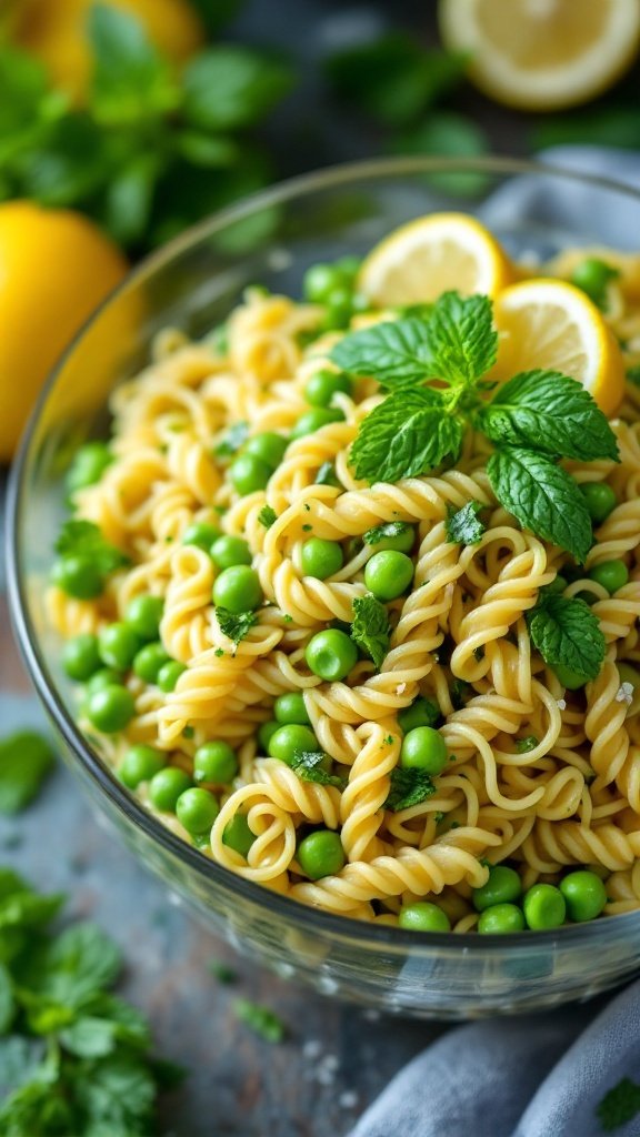 A vibrant bowl of Pea and Mint Pasta Salad with fresh green peas, mint leaves, and lemon slices.